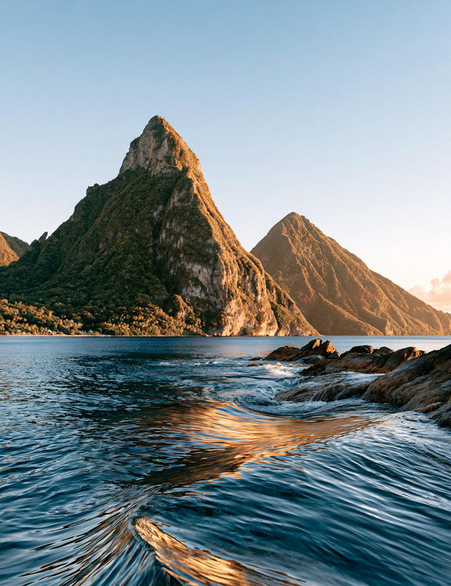 The Pitons rising over golden morning surf