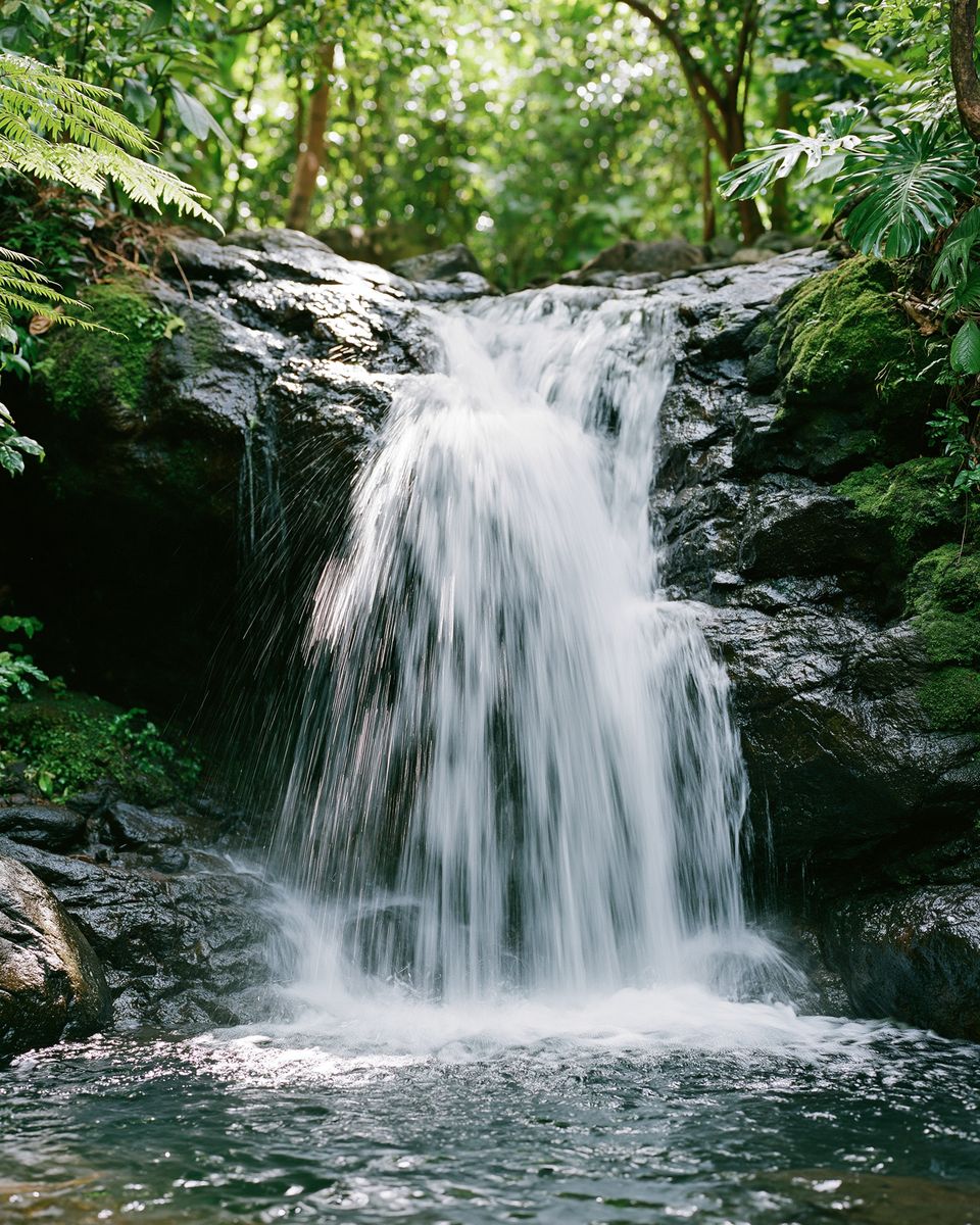 A waterfall falling into a pool deep in rainforest shade.