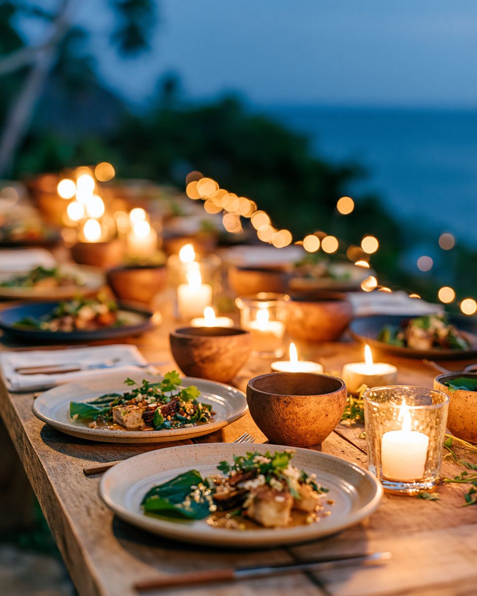 A long candlelit table at dusk, set with plant-based courses and cacao bowls.