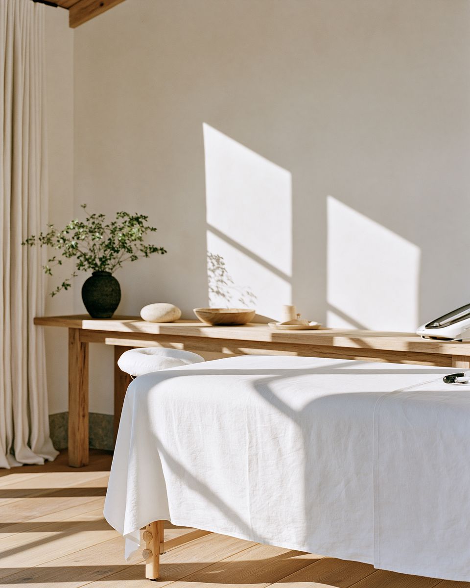 A treatment room in warm daylight, linen-covered table, no equipment on show.