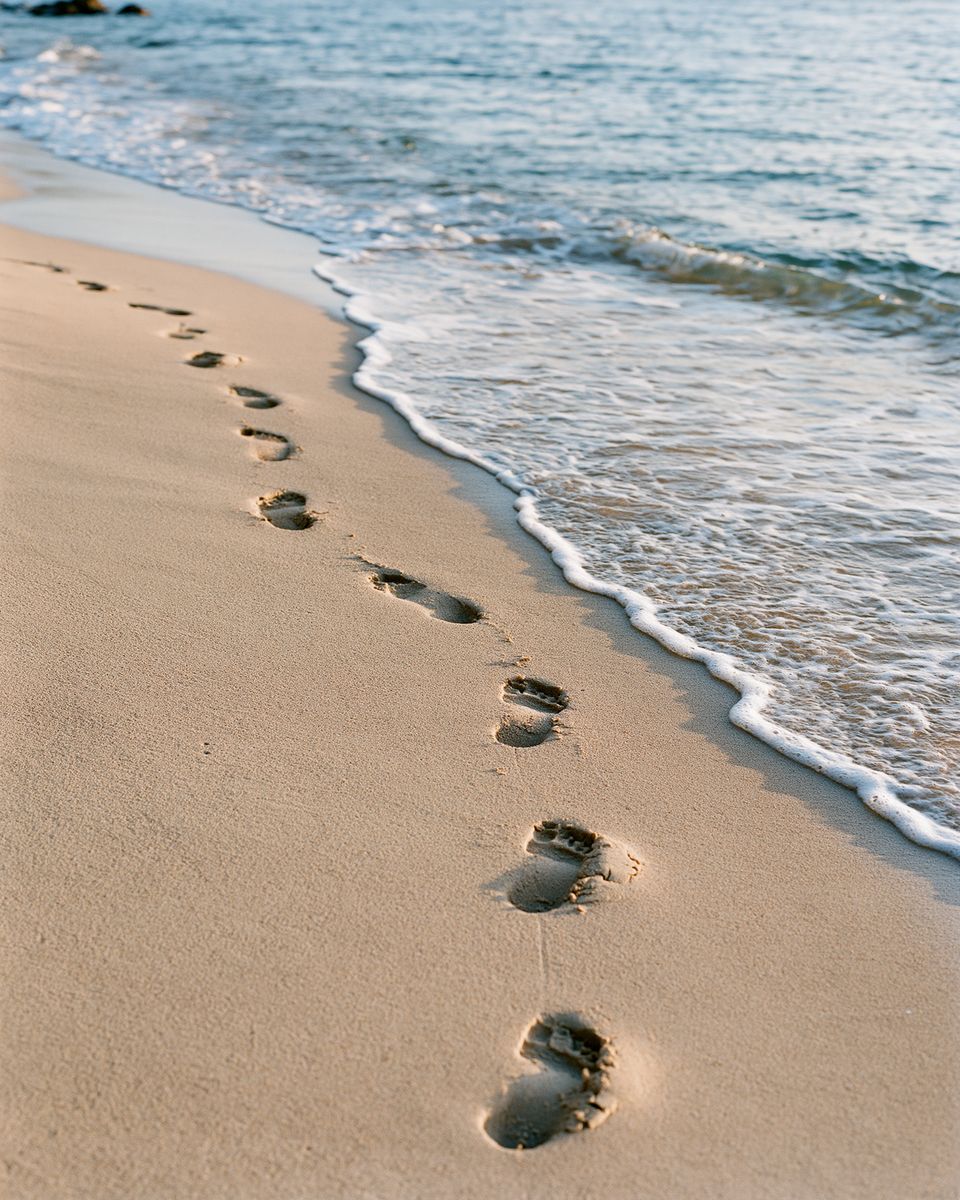 Footprints along wet sand at the waterline, first light.