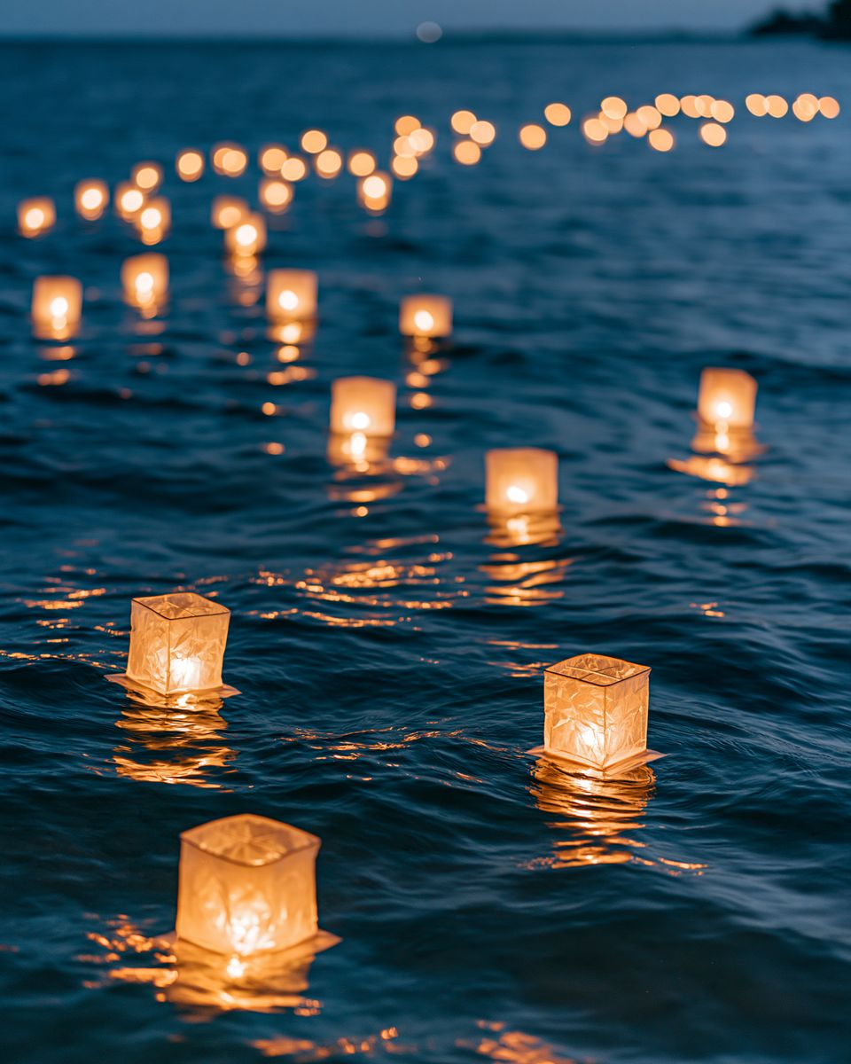 Paper lanterns drifting across dark water at night, their reflections beneath.