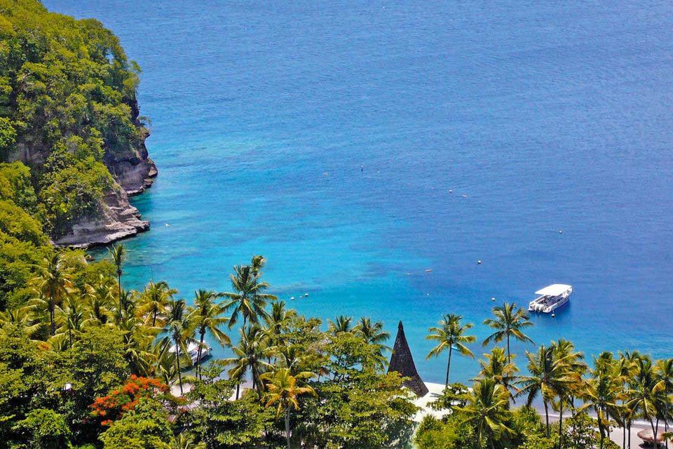 Anse Chastanet beach and its house reef seen from above.