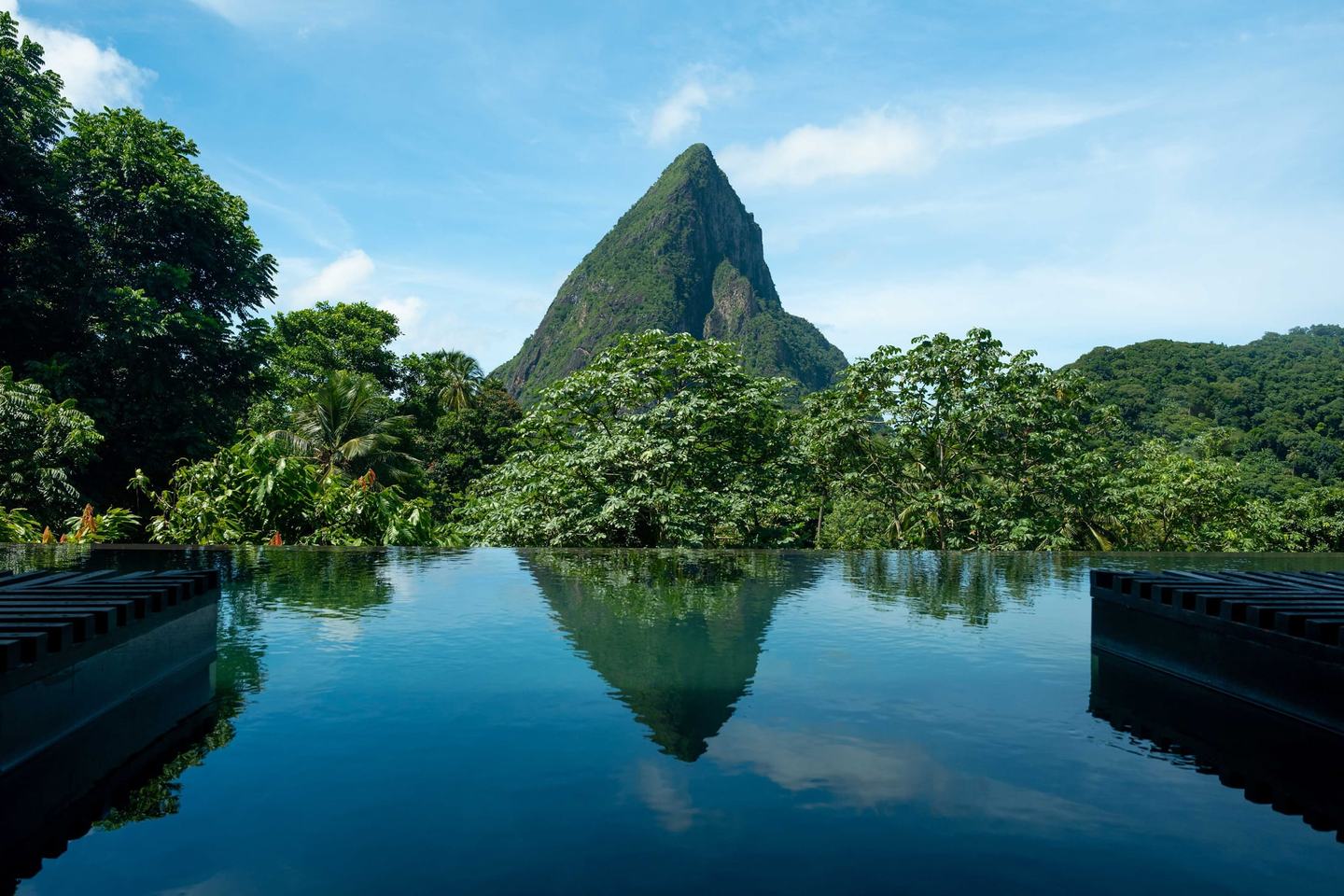 The infinity pool at Rabot Hotel looking out to the Pitons.