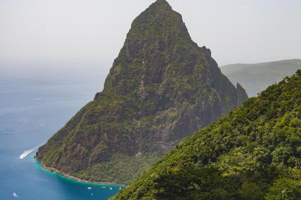 The Piton view from the Stonefield estate above Soufrière.