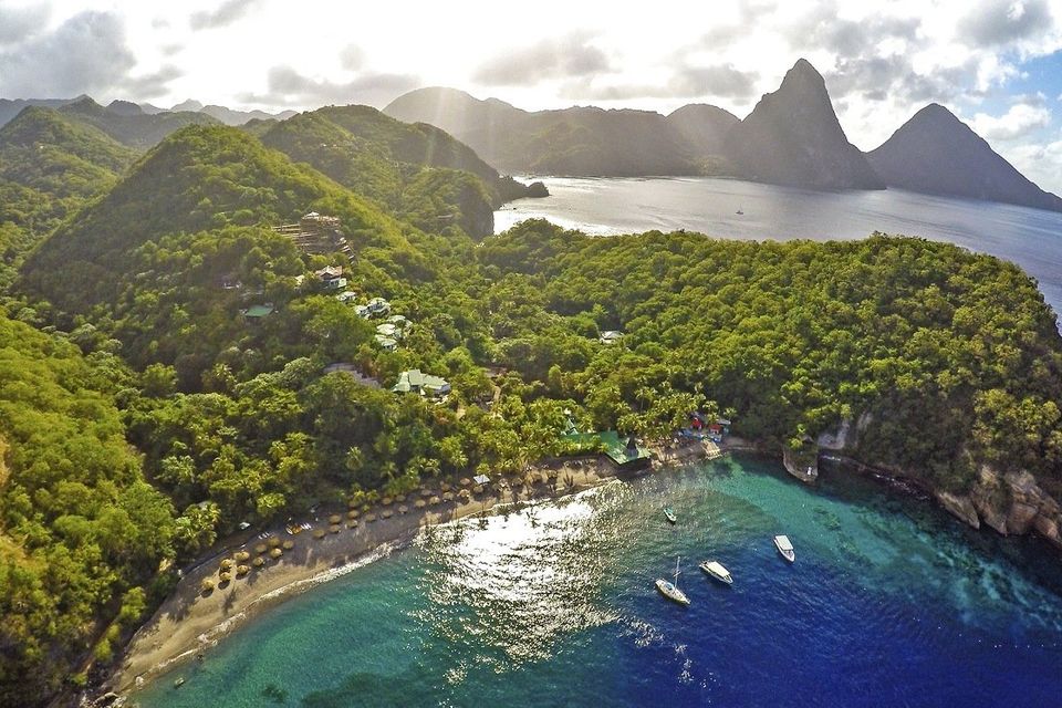 Anse Chastanet beach and the forested hillside above it.