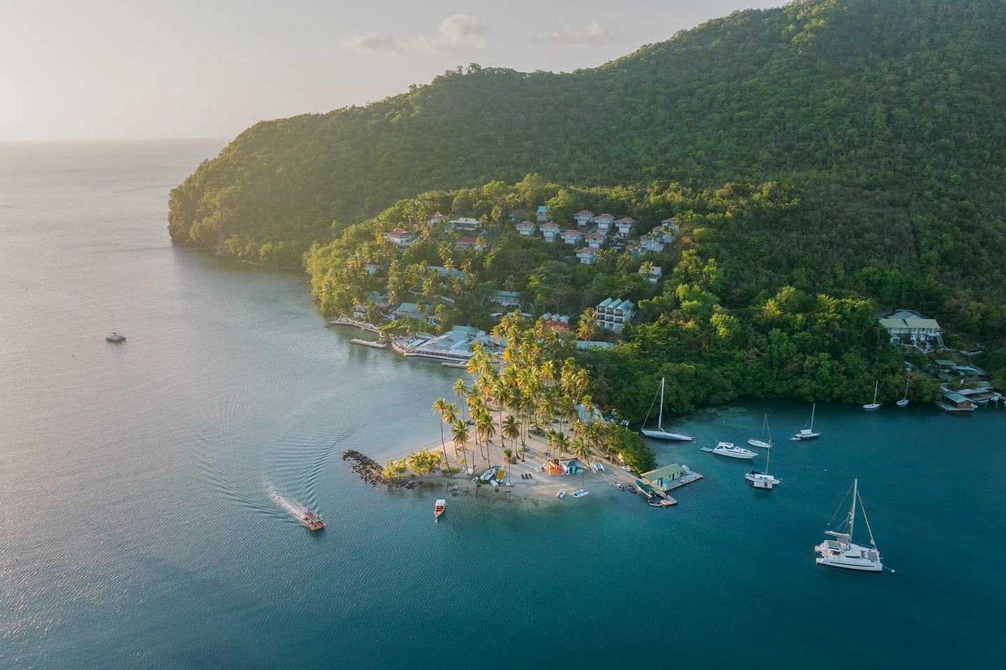 The beach and sheltered water at Marigot Bay.